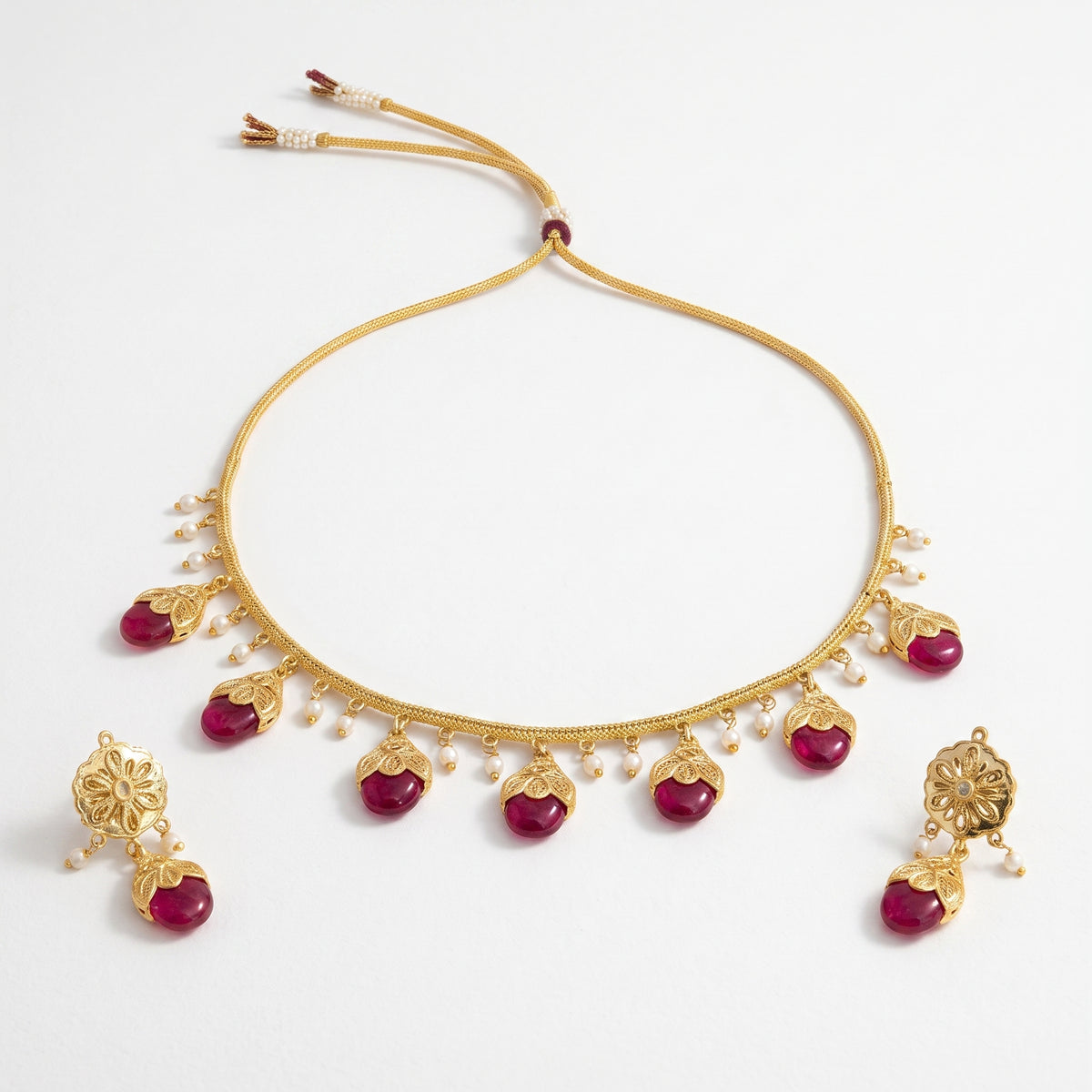 EL ARO Gold Floral Jhumka Necklace Set with Pink, Purple & Black Bead Drops