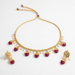 EL ARO Gold Floral Jhumka Necklace Set with Pink, Purple & Black Bead Drops
