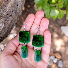 EL ARO Green Marble Resin Double Rectangle Drop Earrings