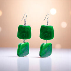 EL ARO Green Marble Resin Double Rectangle Drop Earrings