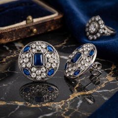 EL ARO Silver Round Stud Earrings with Sapphire Blue & CZ Stones
