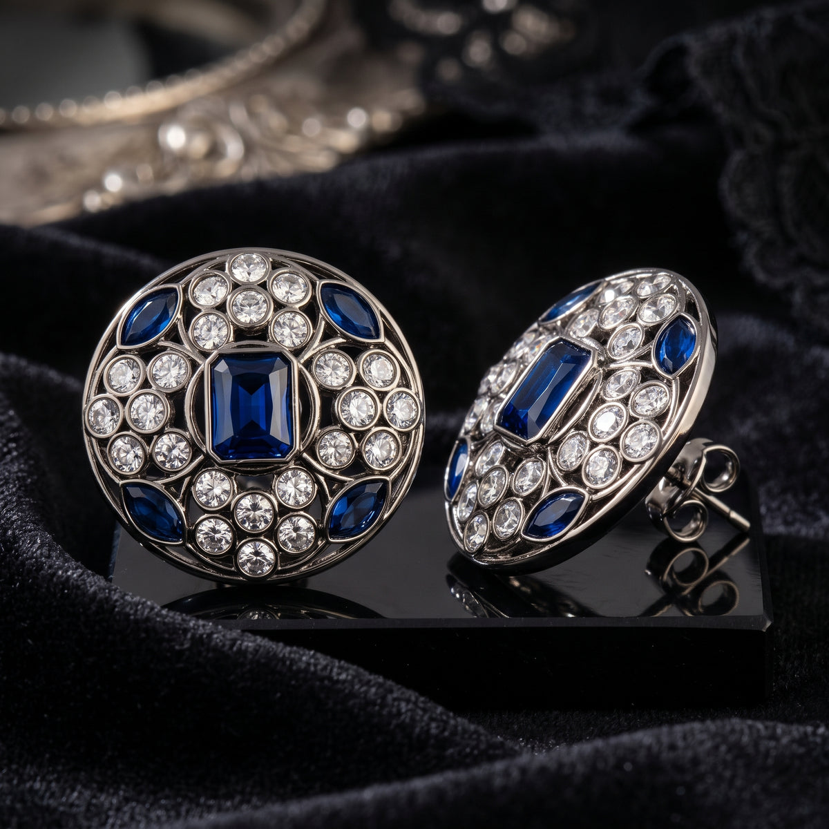 EL ARO Silver Round Stud Earrings with Sapphire Blue & CZ Stones