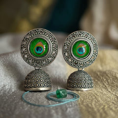 EL ARO Oxidised Silver Filigree Round Peacock Eye Jhumka Earrings