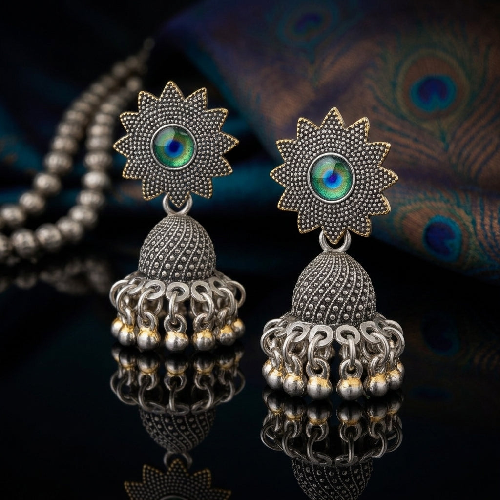 EL ARO Oxidised Silver Sunflower Jhumka Earrings with Green Peacock Eye Stone