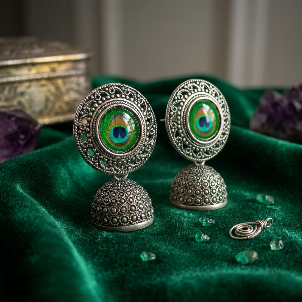 EL ARO Oxidised Silver Filigree Round Peacock Eye Jhumka Earrings