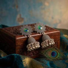EL ARO Oxidised Silver Sunflower Jhumka Earrings with Green Peacock Eye Stone