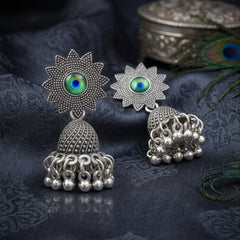 EL ARO Oxidised Silver Sunflower Jhumka Earrings with Green Peacock Eye Stone