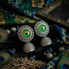 EL ARO Oxidised Silver Filigree Round Peacock Eye Jhumka Earrings