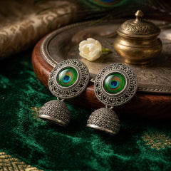 EL ARO Oxidised Silver Filigree Round Peacock Eye Jhumka Earrings