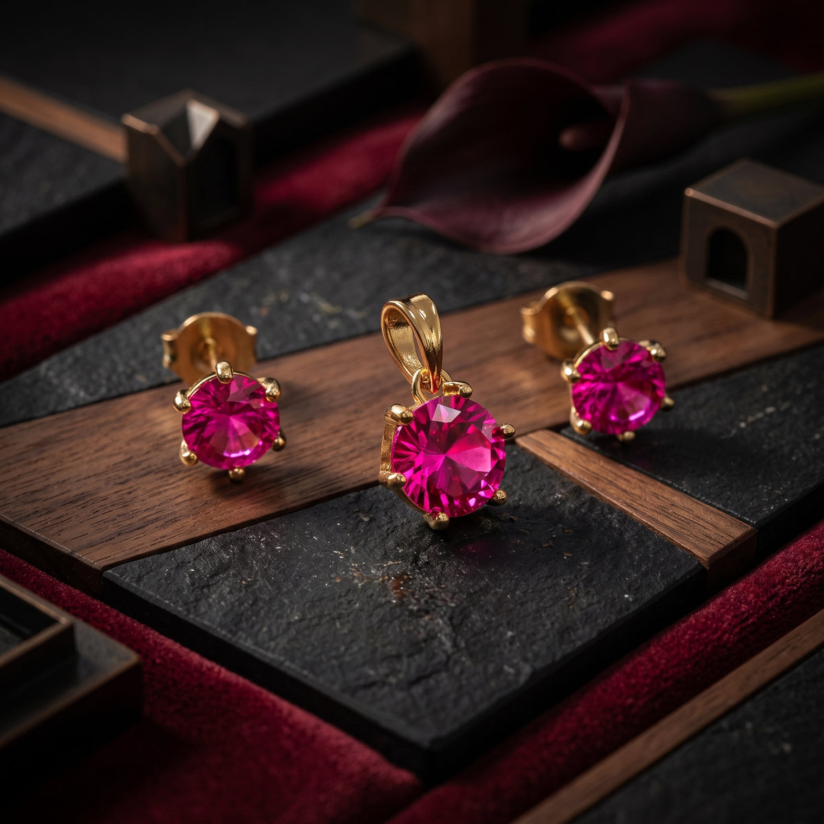 EL ARO Gold Ruby Red Oval CZ Pendant Necklace & Stud Earrings Set