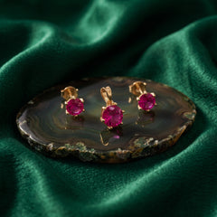 EL ARO Gold Ruby Red Oval CZ Pendant Necklace & Stud Earrings Set