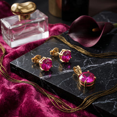 EL ARO Gold Ruby Red Oval CZ Pendant Necklace & Stud Earrings Set