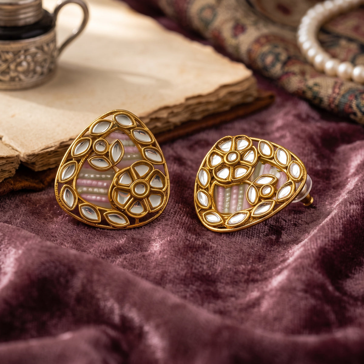 EL ARO Gold Kundan Triangular Floral Stud Earrings with Mirror Stones