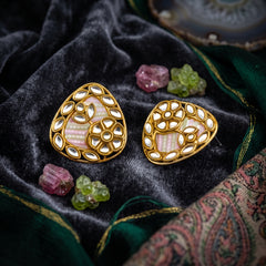 EL ARO Gold Kundan Triangular Floral Stud Earrings with Mirror Stones