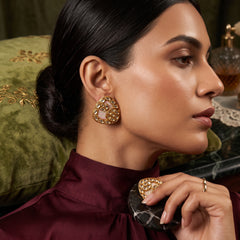 EL ARO Gold Kundan Triangular Floral Stud Earrings with Mirror Stones
