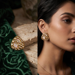 EL ARO Gold Kundan Triangular Floral Stud Earrings with Mirror Stones