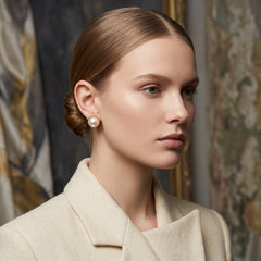 EL ARO Oversized Pearl Button Stud Earrings with Gold Bead Halo