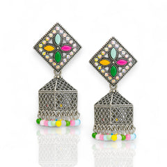 EL ARO Oxidised Silver Diamond-Top Jhumka Earrings with Multicolour Enamel & Bead Drops