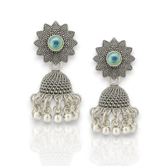EL ARO Oxidised Silver Sunflower Jhumka Earrings with Green Peacock Eye Stone