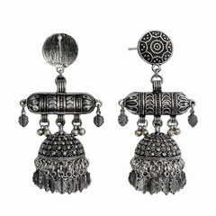 EL ARO Bohemian Antique Silver Jhumka Drop Earrings with Hanging Leaf Accents