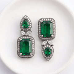 Elaro Silver Emerald Green Emerald-Cut CZ Drop Earrings with Pear Stud