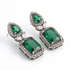 Elaro Silver Emerald Green Emerald-Cut CZ Drop Earrings with Pear Stud