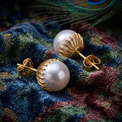 EL ARO Oversized Pearl Button Stud Earrings with Gold Bead Halo