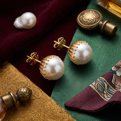 EL ARO Oversized Pearl Button Stud Earrings with Gold Bead Halo
