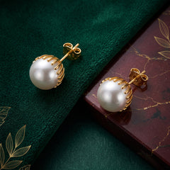 EL ARO Oversized Pearl Button Stud Earrings with Gold Bead Halo