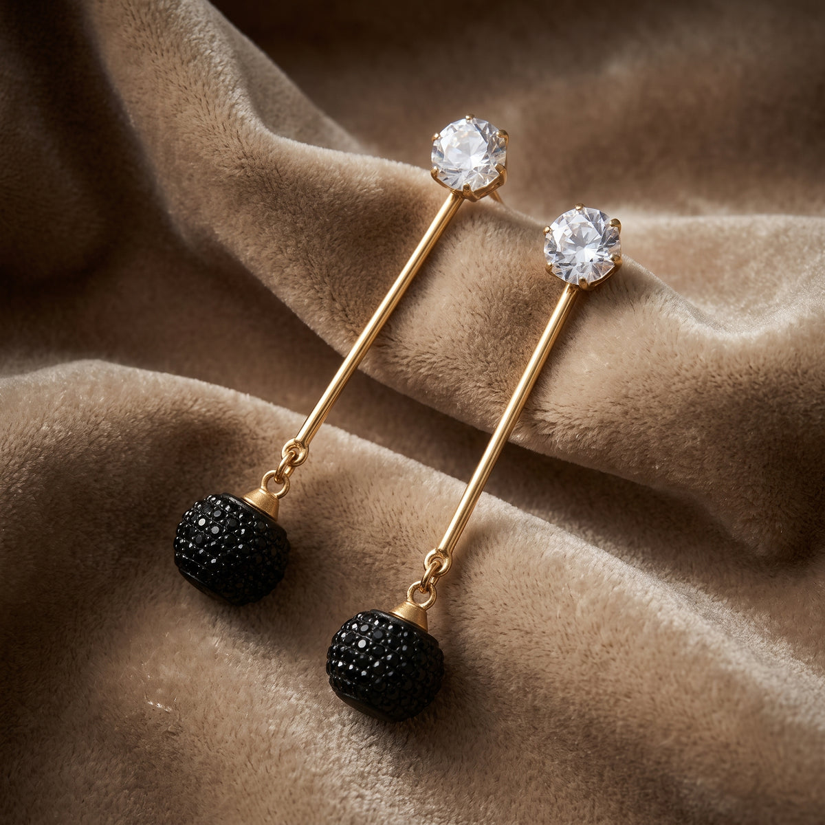 EL ARO Gold & Black Crystal Ball Drop Earrings
