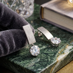 EL ARO Silver Rectangular Hoop Earrings with CZ Solitaire Drop