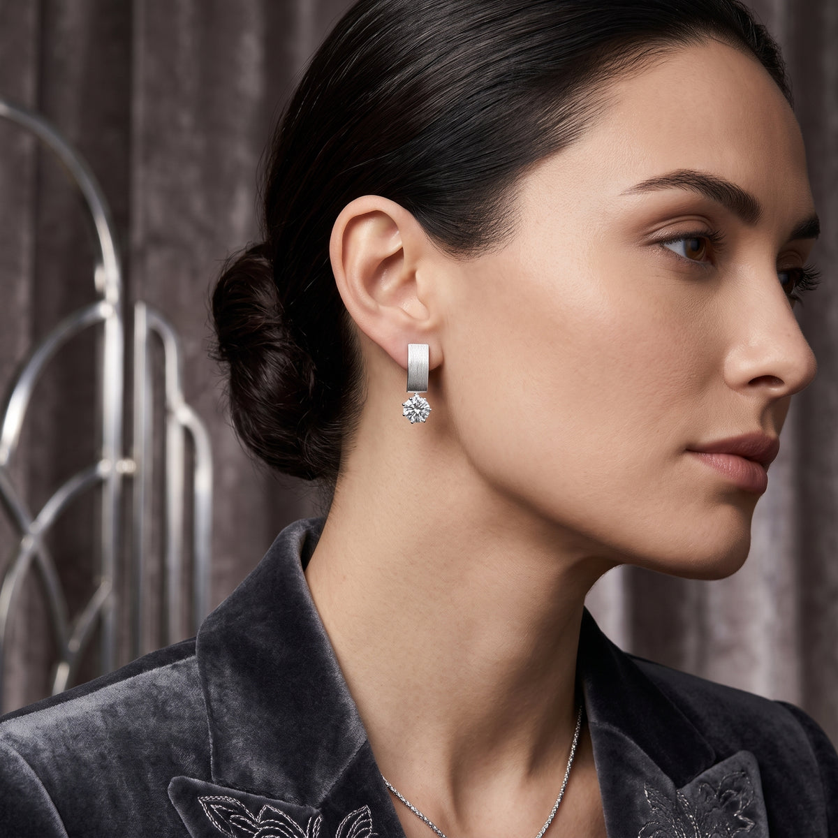 EL ARO Silver Rectangular Hoop Earrings with CZ Solitaire Drop