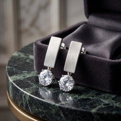EL ARO Silver Rectangular Hoop Earrings with CZ Solitaire Drop