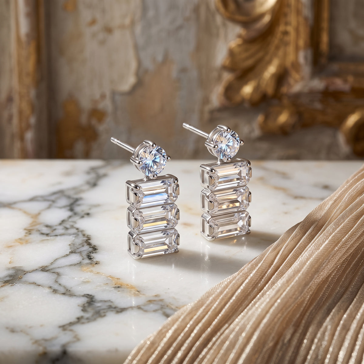 EL ARO CZ Baguette & Round Solitaire Drop Earrings