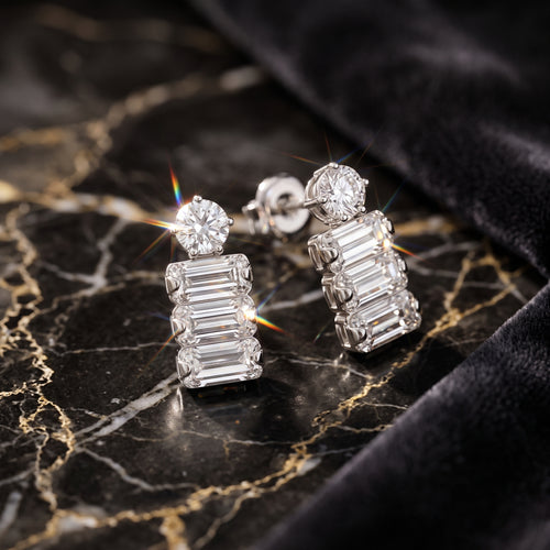 EL ARO CZ Baguette & Round Solitaire Drop Earrings