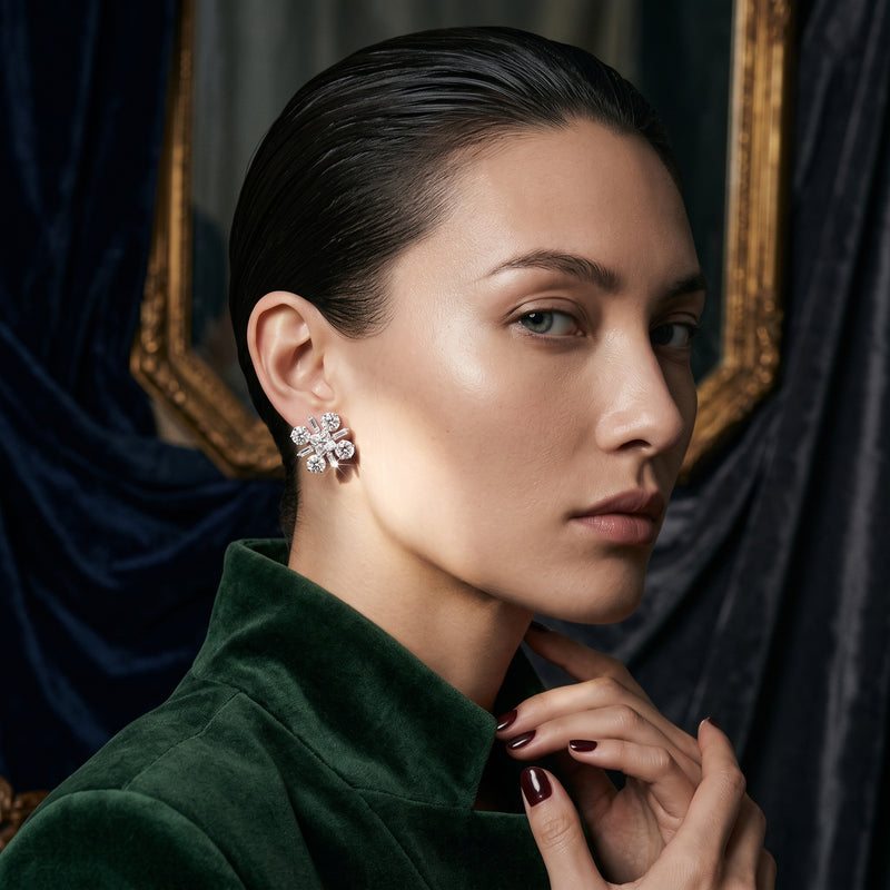 EL ARO  Silver CZ Floral Cluster Stud Earrings