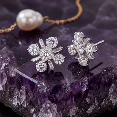 EL ARO  Silver CZ Floral Cluster Stud Earrings