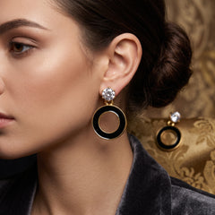 EL ARO Gold & Black Enamel Circle Drop Earrings with CZ Stud