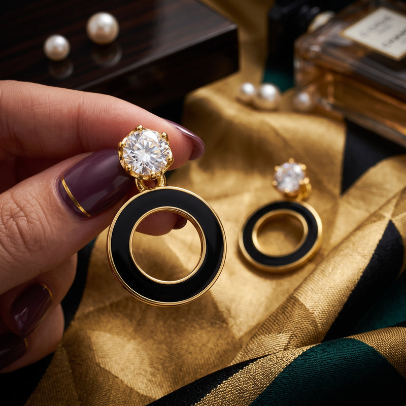 EL ARO Gold & Black Enamel Circle Drop Earrings with CZ Stud