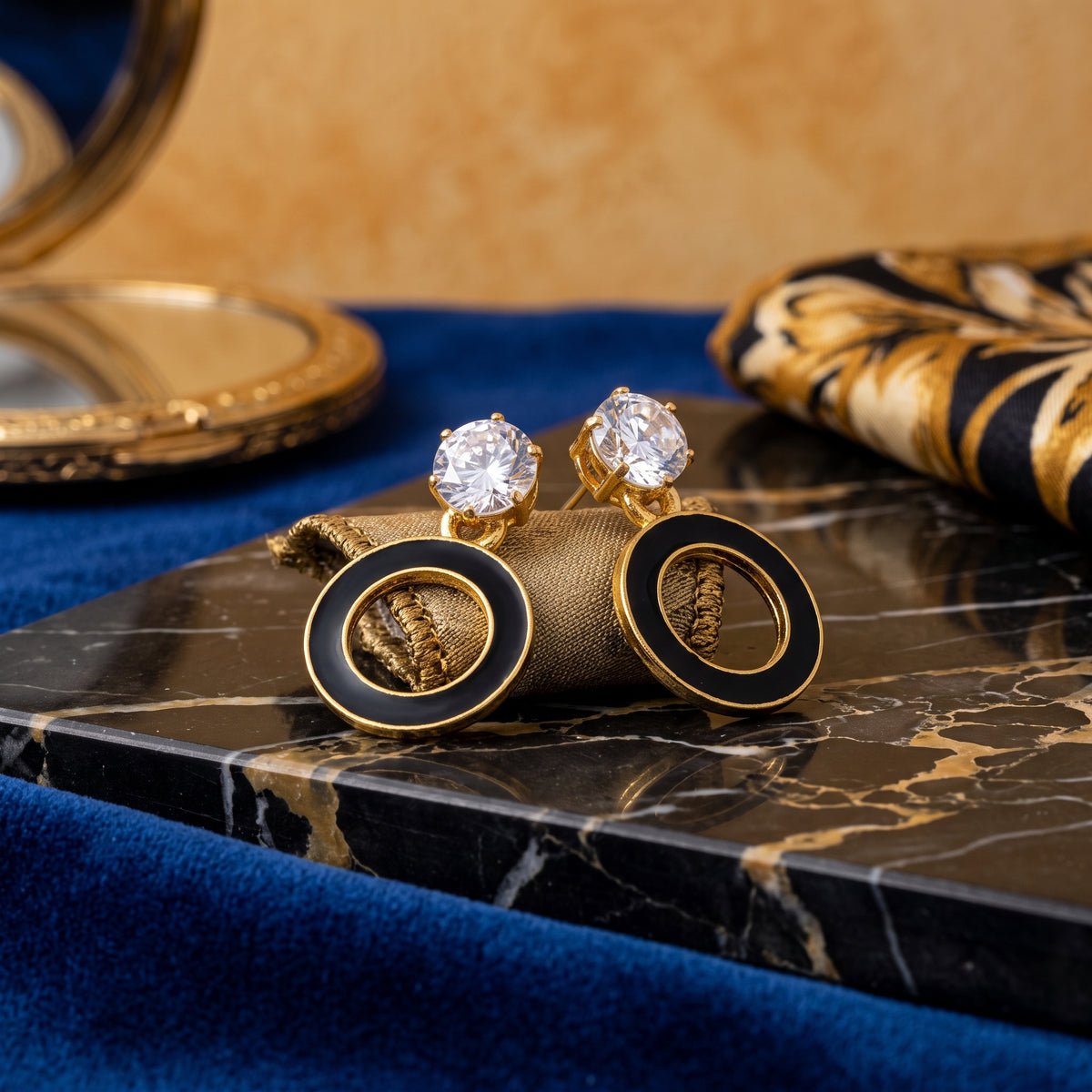 EL ARO Gold & Black Enamel Circle Drop Earrings with CZ Stud