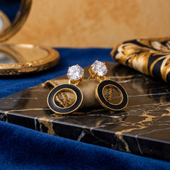 EL ARO Gold & Black Enamel Circle Drop Earrings with CZ Stud