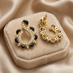 EL ARO Gold & Black Enamel Paisley Swirl CZ Stud Earrings