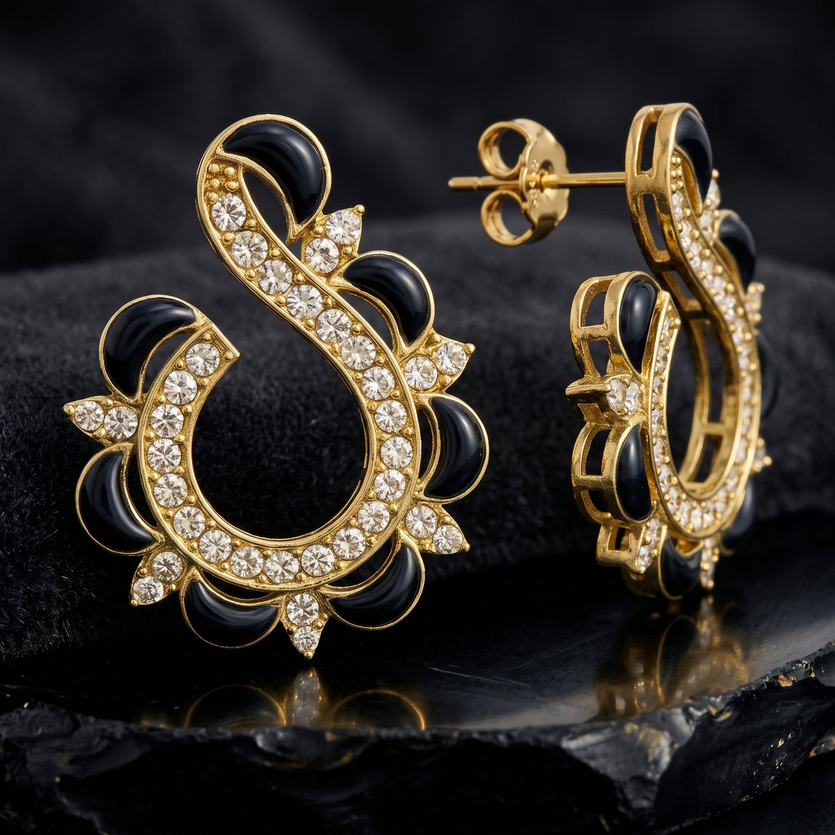 EL ARO Gold & Black Enamel Paisley Swirl CZ Stud Earrings
