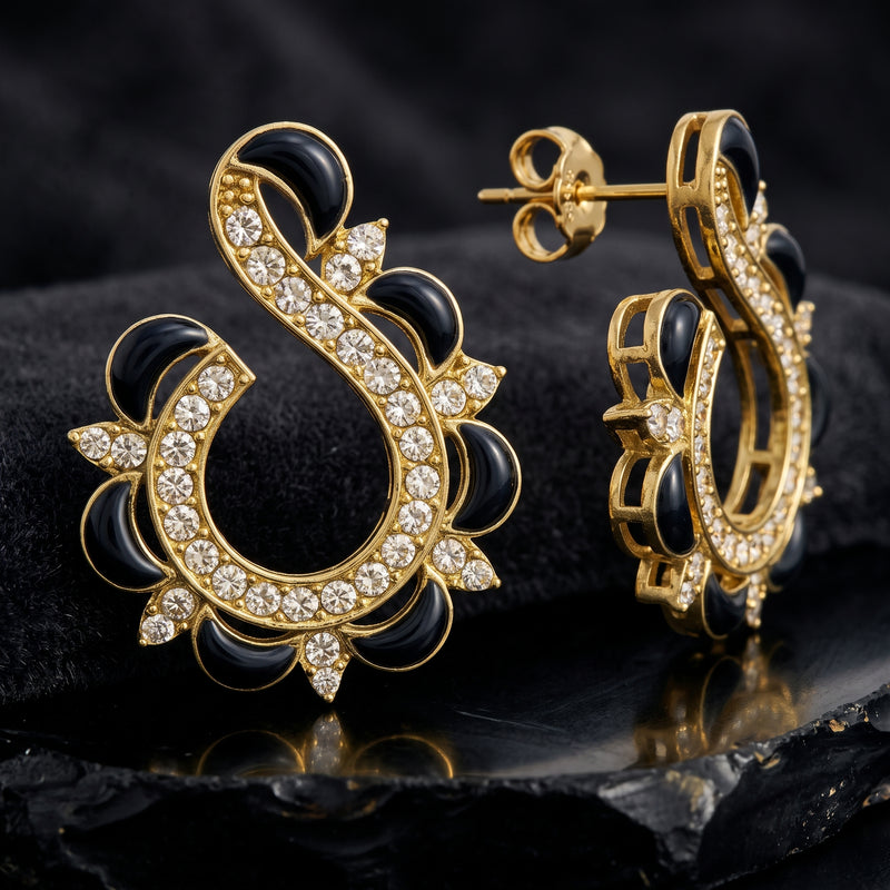 EL ARO Gold & Black Enamel Paisley Swirl CZ Stud Earrings