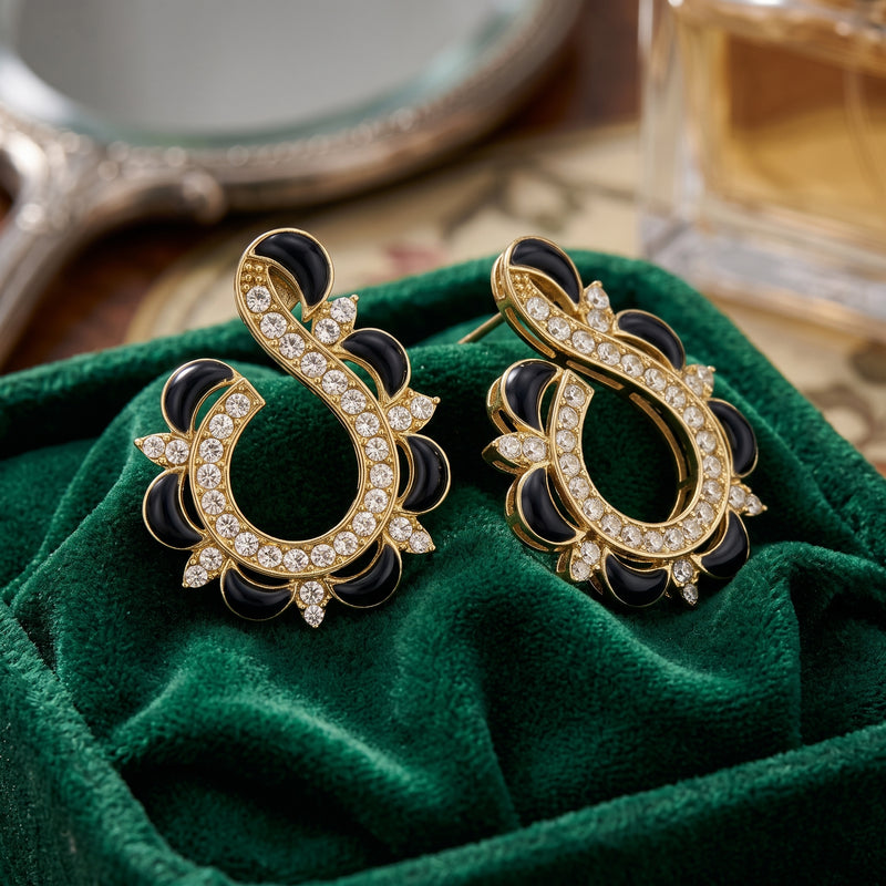 EL ARO Gold & Black Enamel Paisley Swirl CZ Stud Earrings