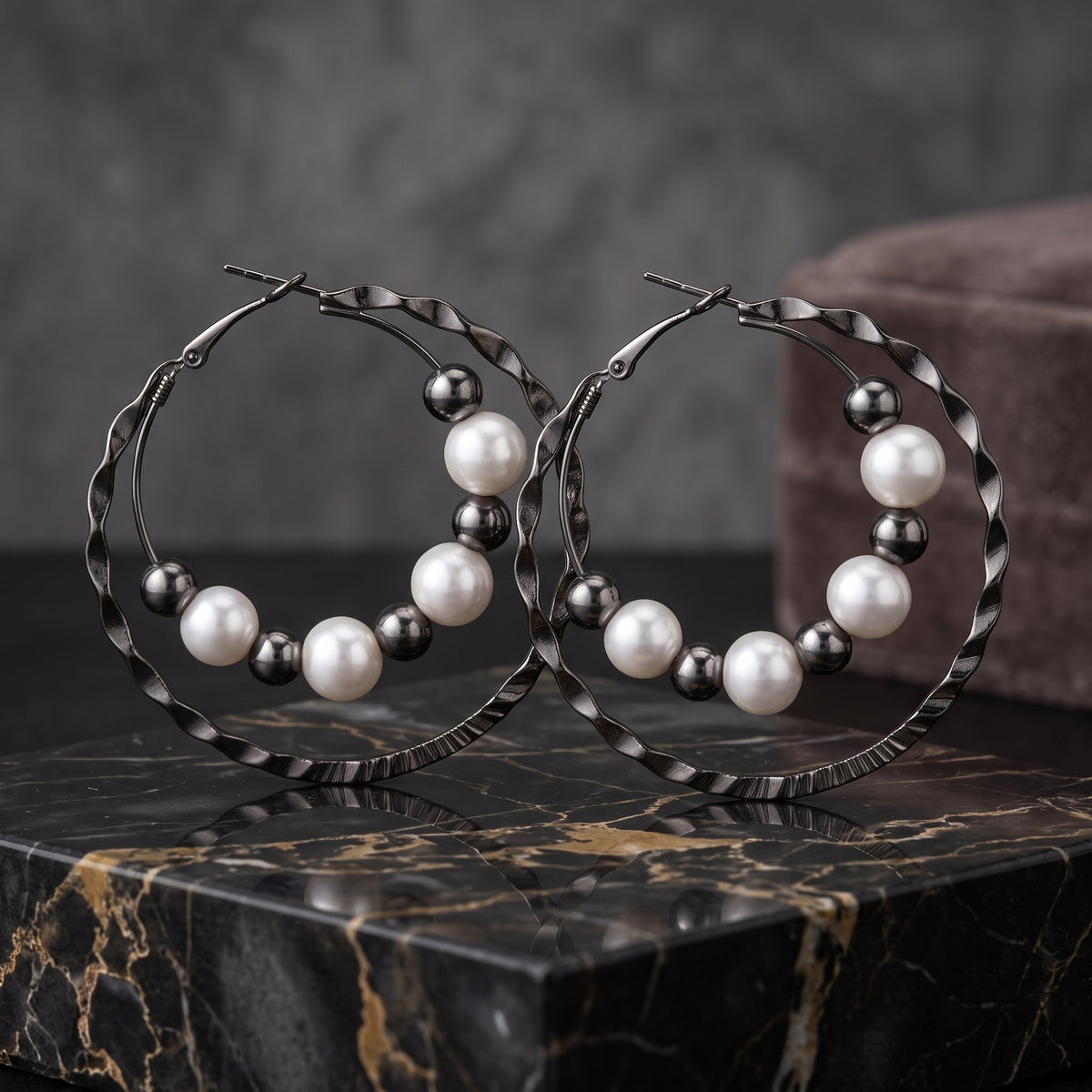 EL ARO Double Hoop Gunmetal Earrings with Pearl & Hematite Beads
