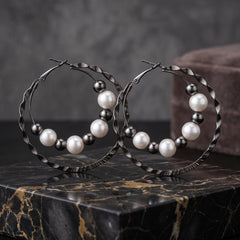 EL ARO Double Hoop Gunmetal Earrings with Pearl & Hematite Beads
