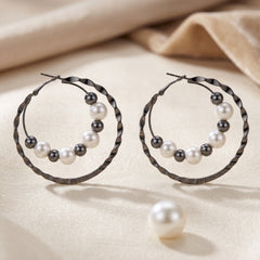 EL ARO Double Hoop Gunmetal Earrings with Pearl & Hematite Beads
