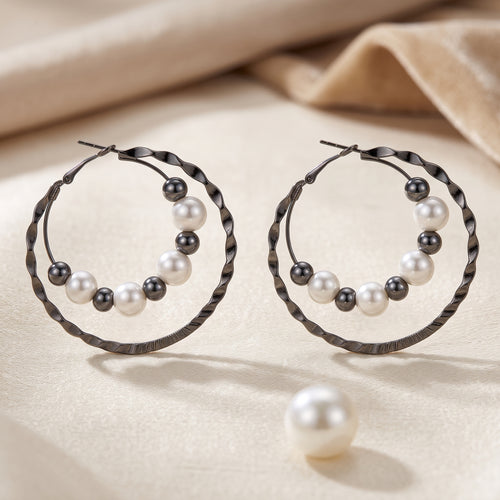 EL ARO Double Hoop Gunmetal Earrings with Pearl & Hematite Beads