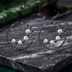 EL ARO Double Hoop Gunmetal Earrings with Pearl & Hematite Beads